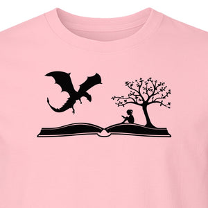 Fantasy Book T-Shirt, Girl Reading Under a Tree With Dragon Graphic for Readers and Librarians