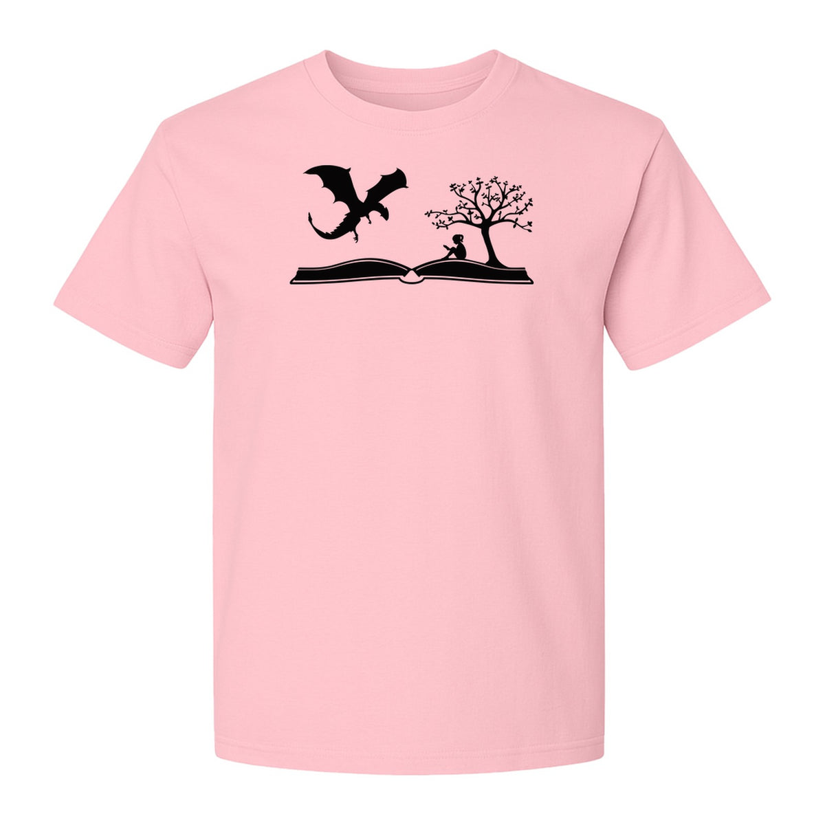 Fantasy Book T-Shirt, Girl Reading Under a Tree With Dragon Graphic for Readers and Librarians