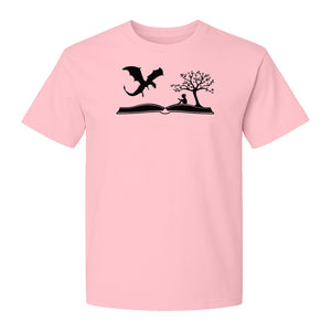 Fantasy Book T-Shirt, Girl Reading Under a Tree With Dragon Graphic for Readers and Librarians