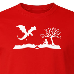 Fantasy Book T-Shirt, Girl Reading Under a Tree With Dragon Graphic for Readers and Librarians