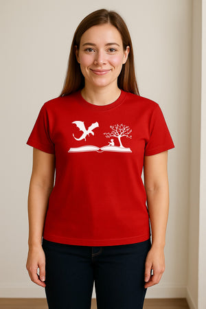 Fantasy Book T-Shirt, Girl Reading Under a Tree With Dragon Graphic for Readers and Librarians