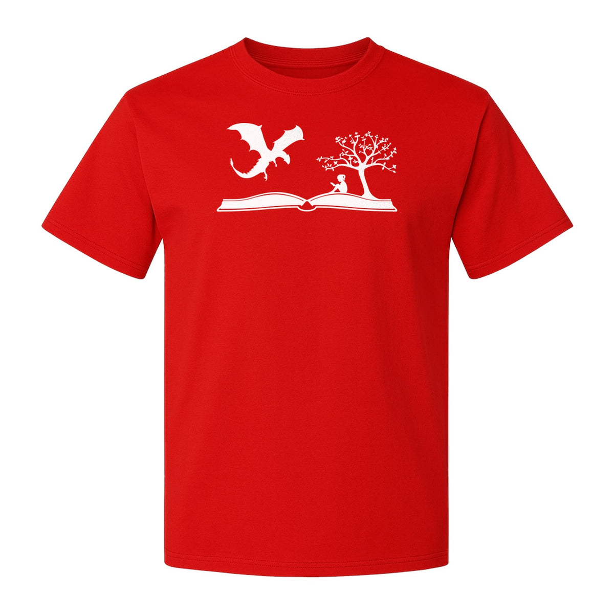 Fantasy Book T-Shirt, Girl Reading Under a Tree With Dragon Graphic for Readers and Librarians