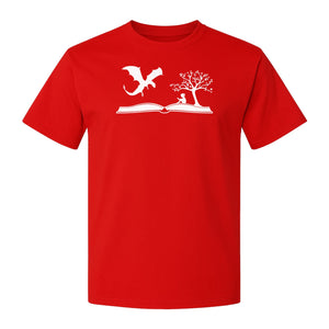 Fantasy Book T-Shirt, Girl Reading Under a Tree With Dragon Graphic for Readers and Librarians