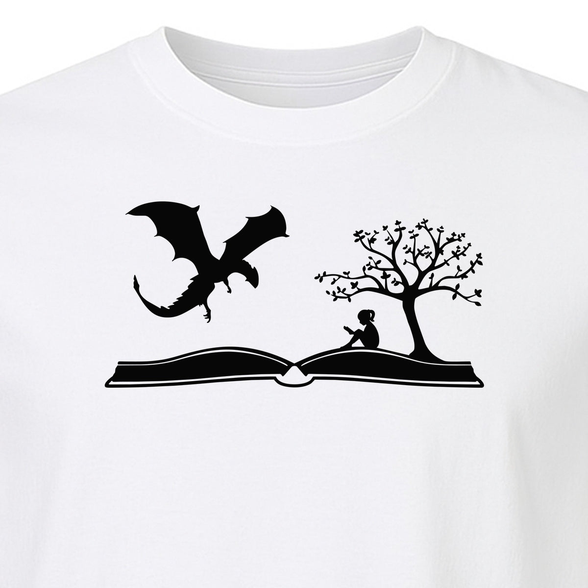 Fantasy Book T-Shirt, Girl Reading Under a Tree With Dragon Graphic for Readers and Librarians