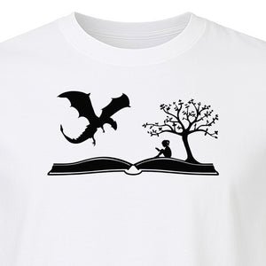 Fantasy Book T-Shirt, Girl Reading Under a Tree With Dragon Graphic for Readers and Librarians