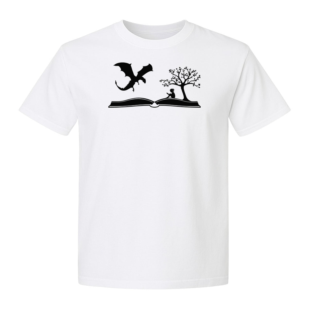 Fantasy Book T-Shirt, Girl Reading Under a Tree With Dragon Graphic for Readers and Librarians
