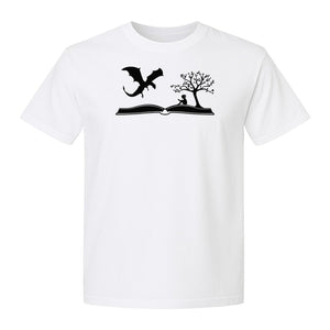 Fantasy Book T-Shirt, Girl Reading Under a Tree With Dragon Graphic for Readers and Librarians