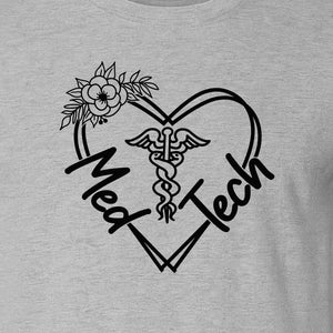 Med Tech T-Shirt, Floral Heart Caduceus Design for Laboratory Technicians and Medical Staff