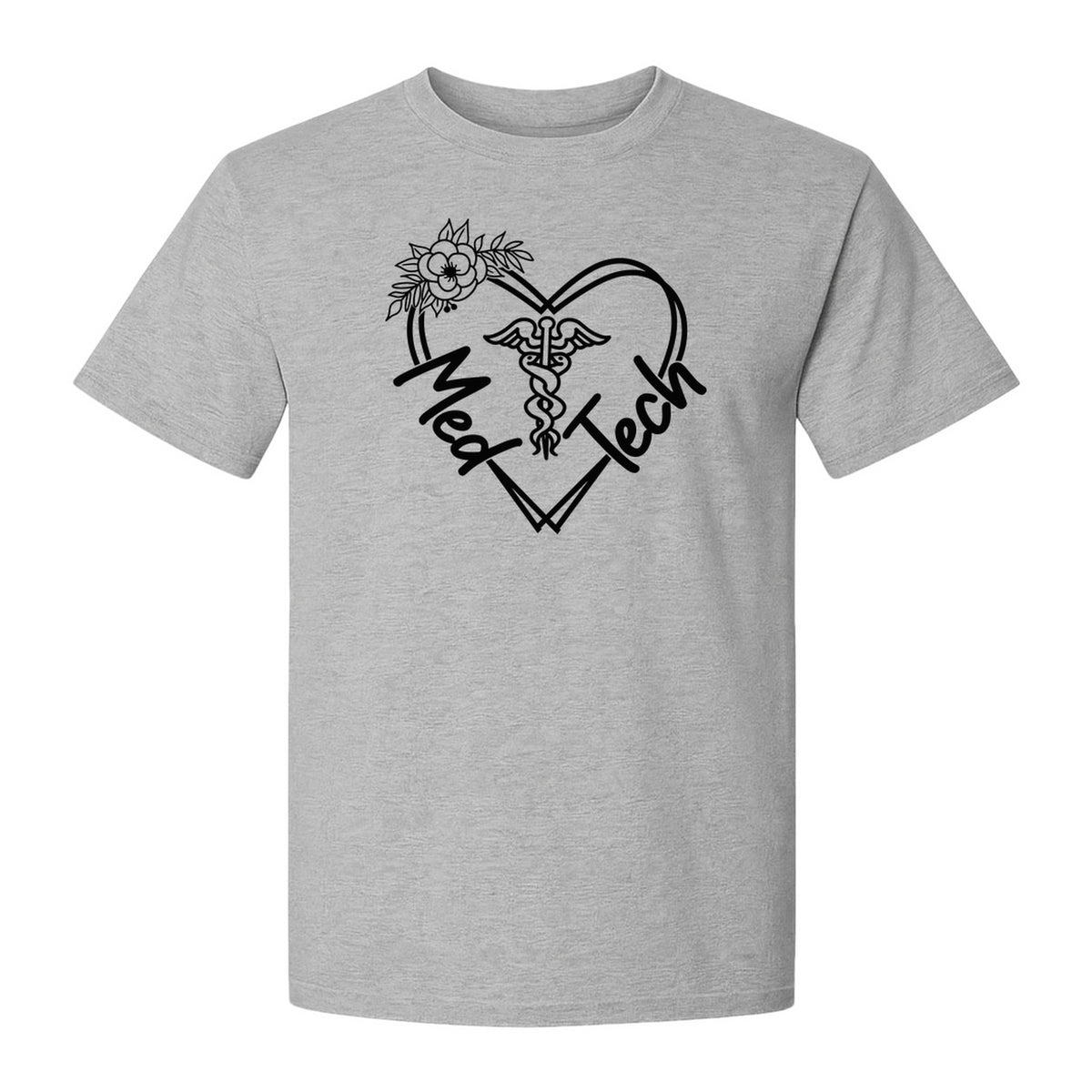 Med Tech T-Shirt, Floral Heart Caduceus Design for Laboratory Technicians and Medical Staff