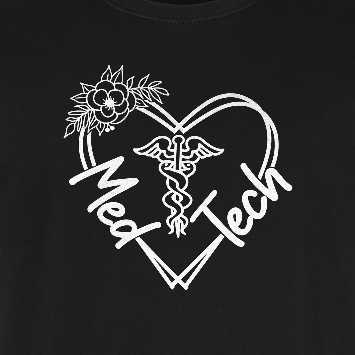 Med Tech T-Shirt, Floral Heart Caduceus Design for Laboratory Technicians and Medical Staff