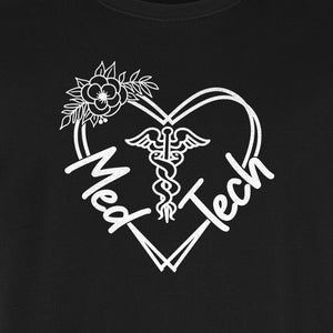 Med Tech T-Shirt, Floral Heart Caduceus Design for Laboratory Technicians and Medical Staff