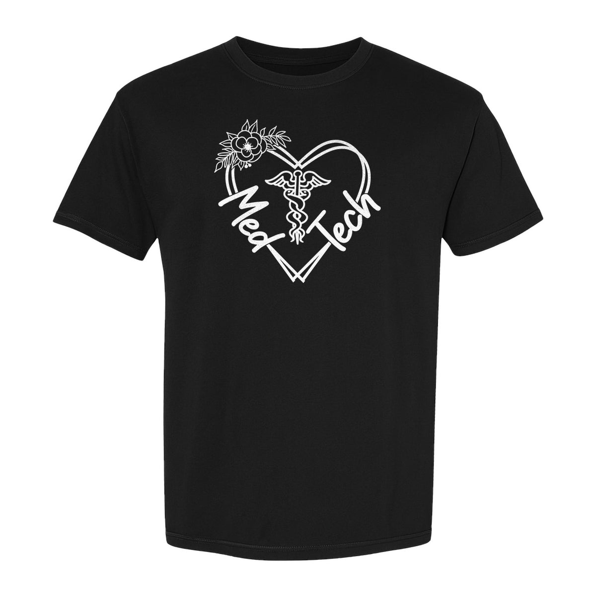 Med Tech T-Shirt, Floral Heart Caduceus Design for Laboratory Technicians and Medical Staff