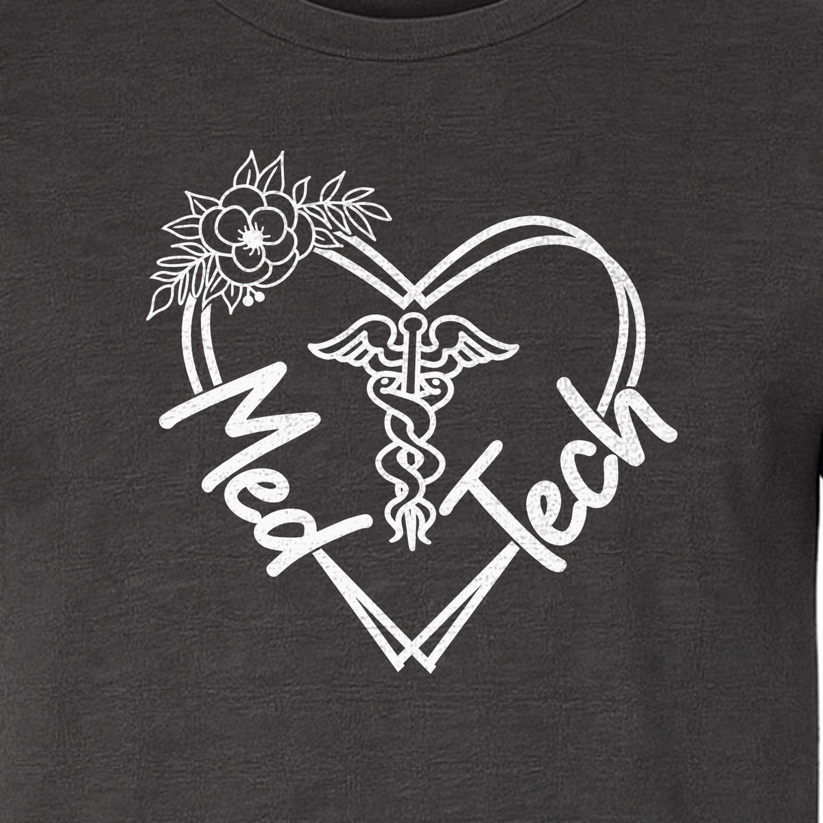 Med Tech T-Shirt, Floral Heart Caduceus Design for Laboratory Technicians and Medical Staff