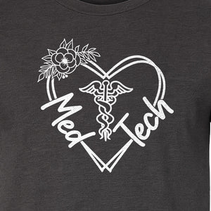 Med Tech T-Shirt, Floral Heart Caduceus Design for Laboratory Technicians and Medical Staff