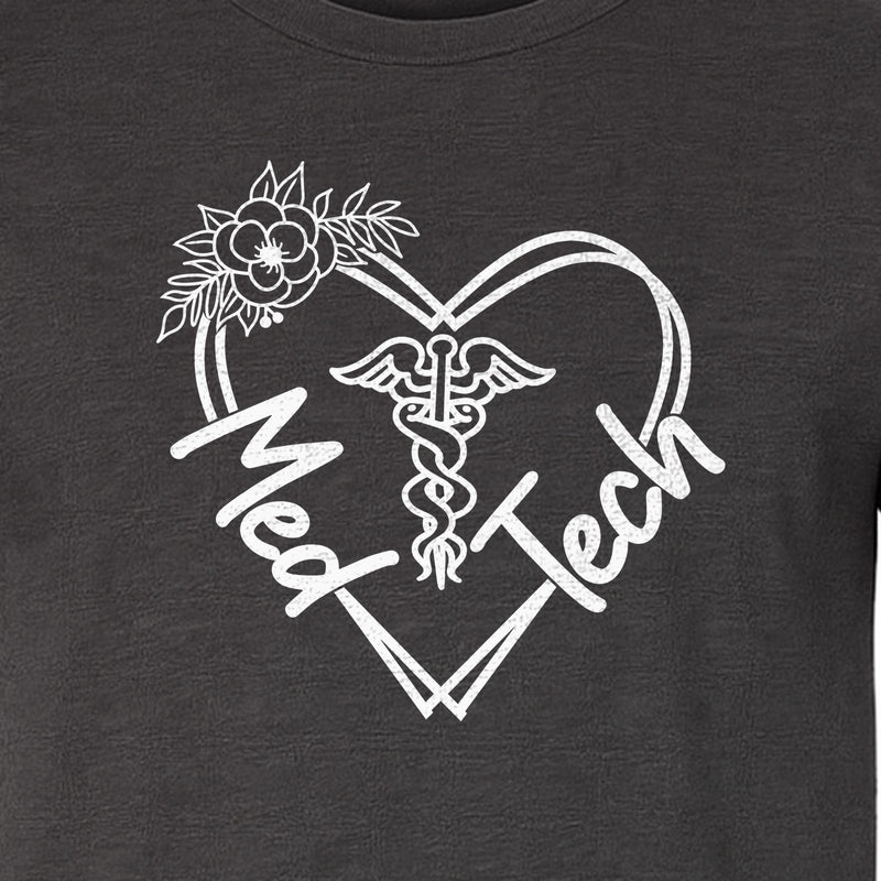 Med Tech T-Shirt, Floral Heart Caduceus Design for Laboratory Technicians and Medical Staff