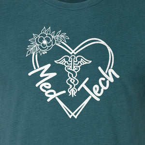 Med Tech T-Shirt, Floral Heart Caduceus Design for Laboratory Technicians and Medical Staff