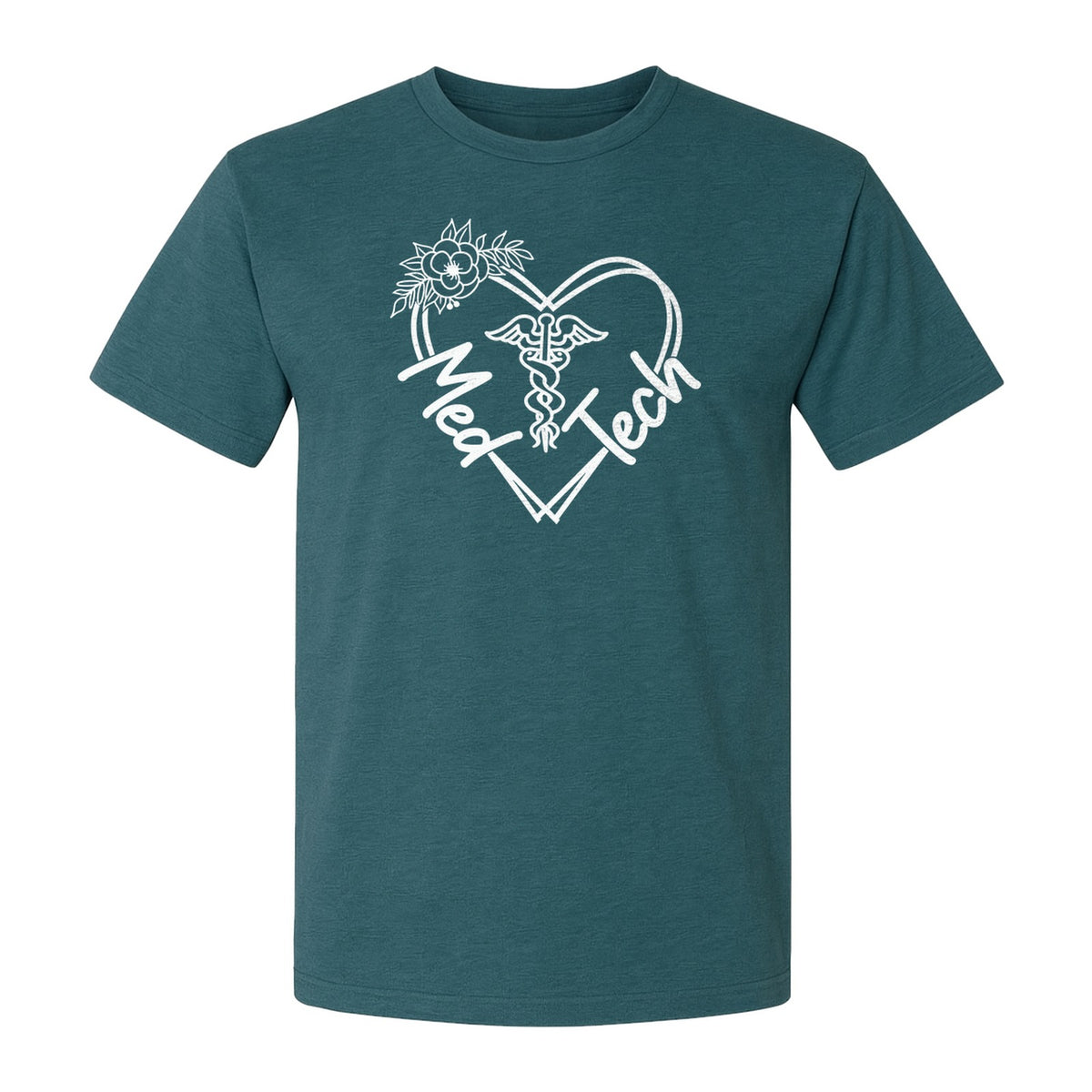 Med Tech T-Shirt, Floral Heart Caduceus Design for Laboratory Technicians and Medical Staff