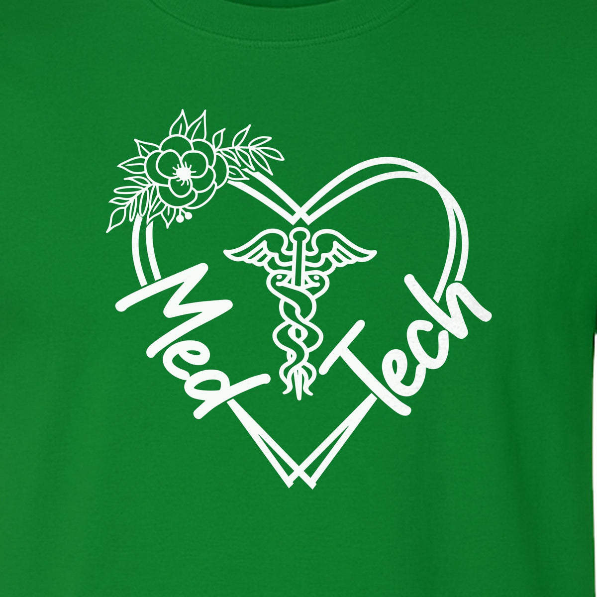 Med Tech T-Shirt, Floral Heart Caduceus Design for Laboratory Technicians and Medical Staff