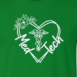 Med Tech T-Shirt, Floral Heart Caduceus Design for Laboratory Technicians and Medical Staff