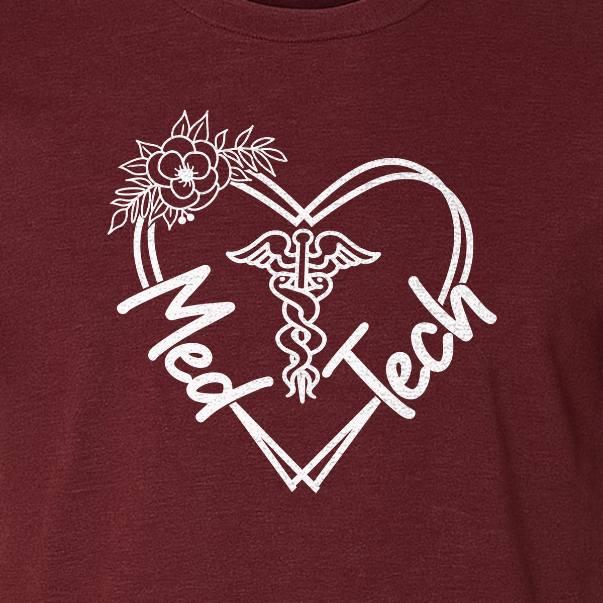 Med Tech T-Shirt, Floral Heart Caduceus Design for Laboratory Technicians and Medical Staff
