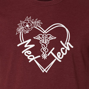 Med Tech T-Shirt, Floral Heart Caduceus Design for Laboratory Technicians and Medical Staff