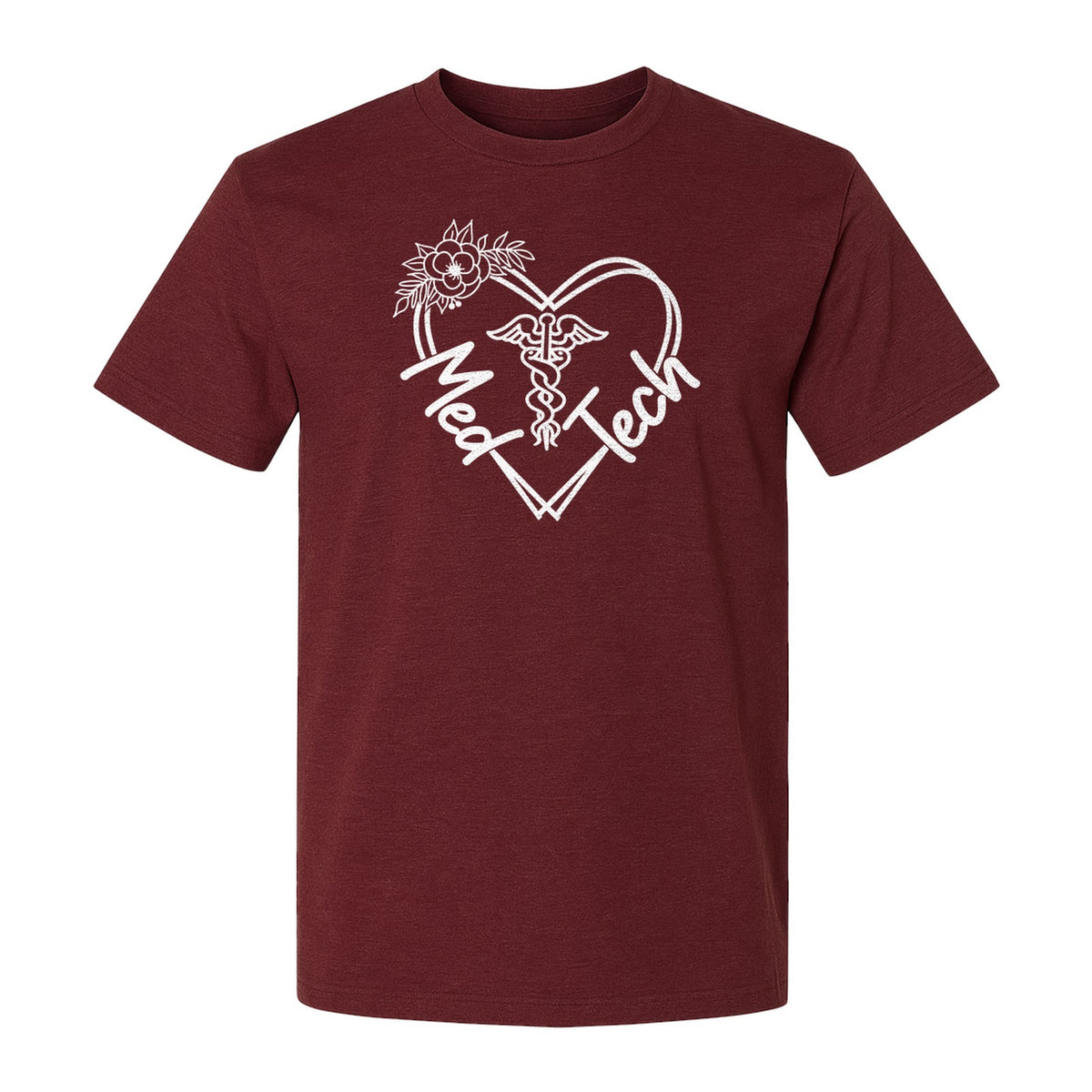 Med Tech T-Shirt, Floral Heart Caduceus Design for Laboratory Technicians and Medical Staff