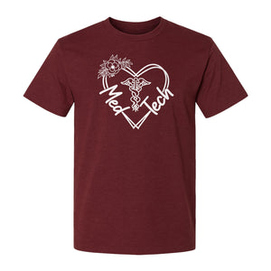 Med Tech T-Shirt, Floral Heart Caduceus Design for Laboratory Technicians and Medical Staff
