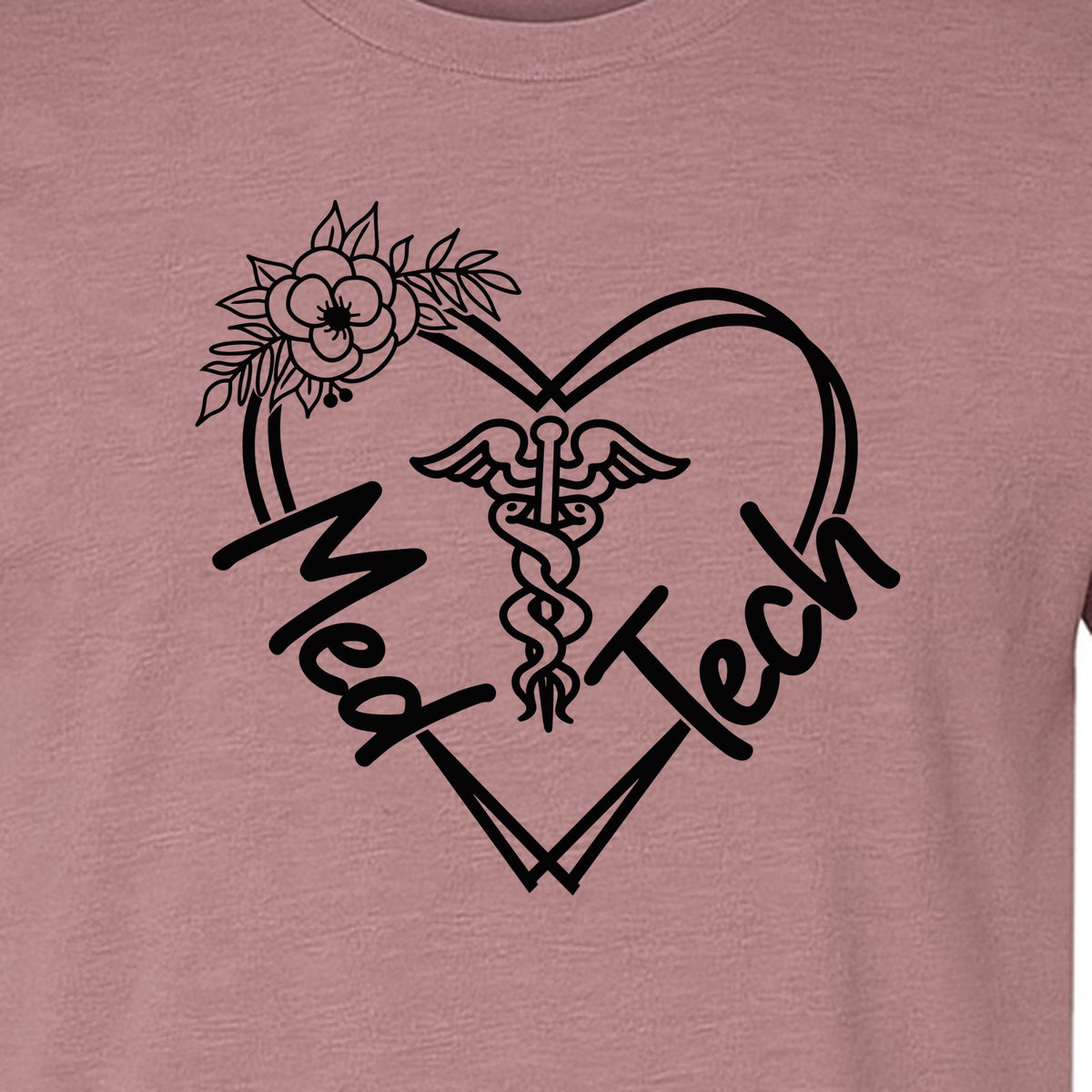 Med Tech T-Shirt, Floral Heart Caduceus Design for Laboratory Technicians and Medical Staff
