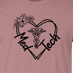 Med Tech T-Shirt, Floral Heart Caduceus Design for Laboratory Technicians and Medical Staff