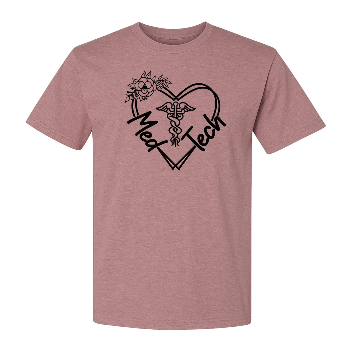 Med Tech T-Shirt, Floral Heart Caduceus Design for Laboratory Technicians and Medical Staff