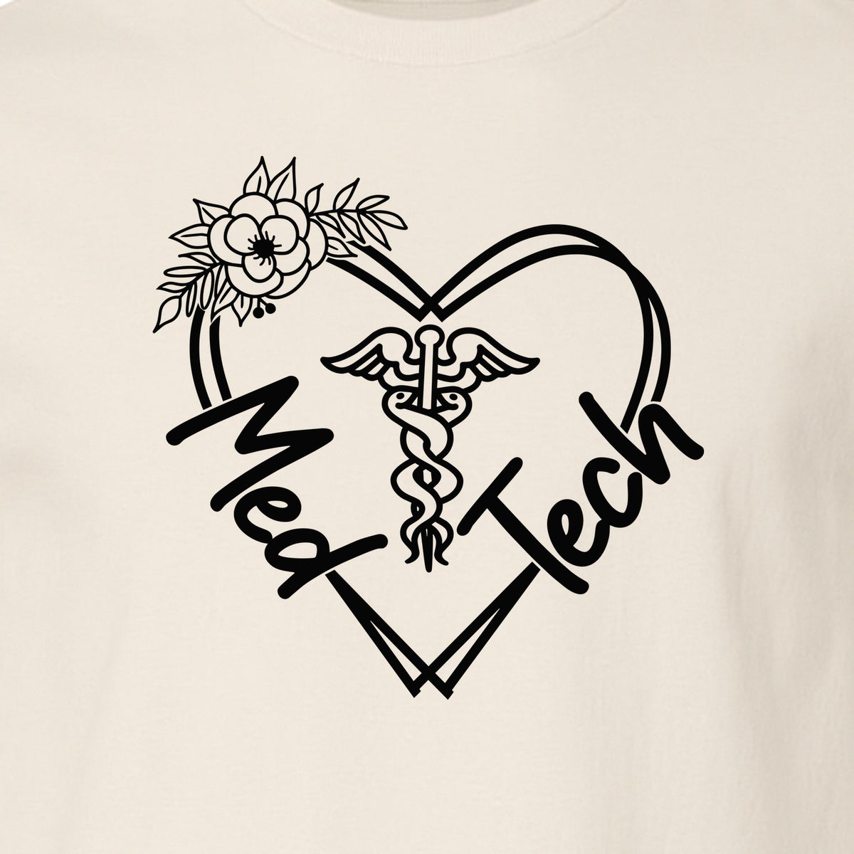 Med Tech T-Shirt, Floral Heart Caduceus Design for Laboratory Technicians and Medical Staff
