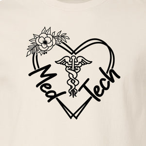 Med Tech T-Shirt, Floral Heart Caduceus Design for Laboratory Technicians and Medical Staff
