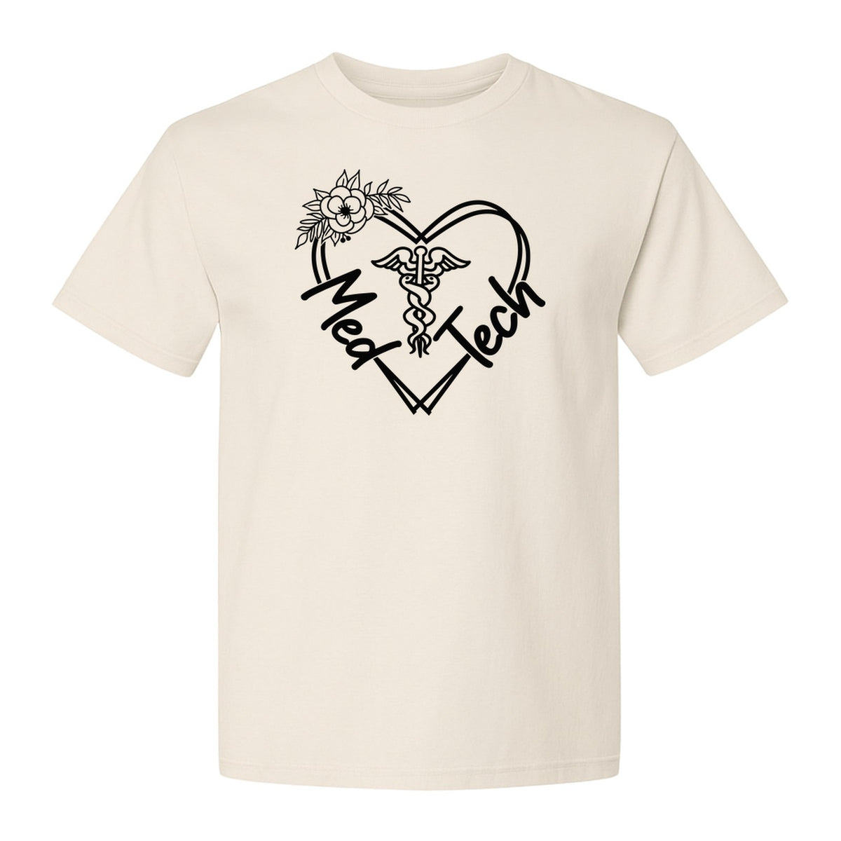 Med Tech T-Shirt, Floral Heart Caduceus Design for Laboratory Technicians and Medical Staff