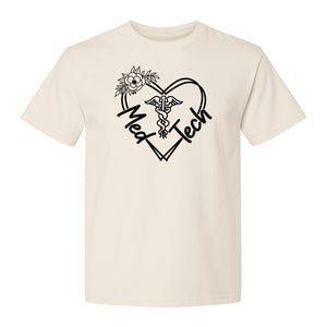 Med Tech T-Shirt, Floral Heart Caduceus Design for Laboratory Technicians and Medical Staff