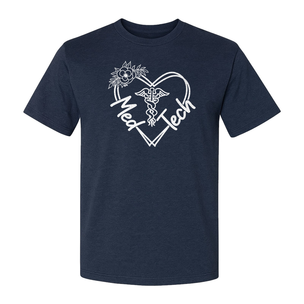Med Tech T-Shirt, Floral Heart Caduceus Design for Laboratory Technicians and Medical Staff