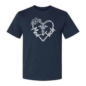 Med Tech T-Shirt, Floral Heart Caduceus Design for Laboratory Technicians and Medical Staff