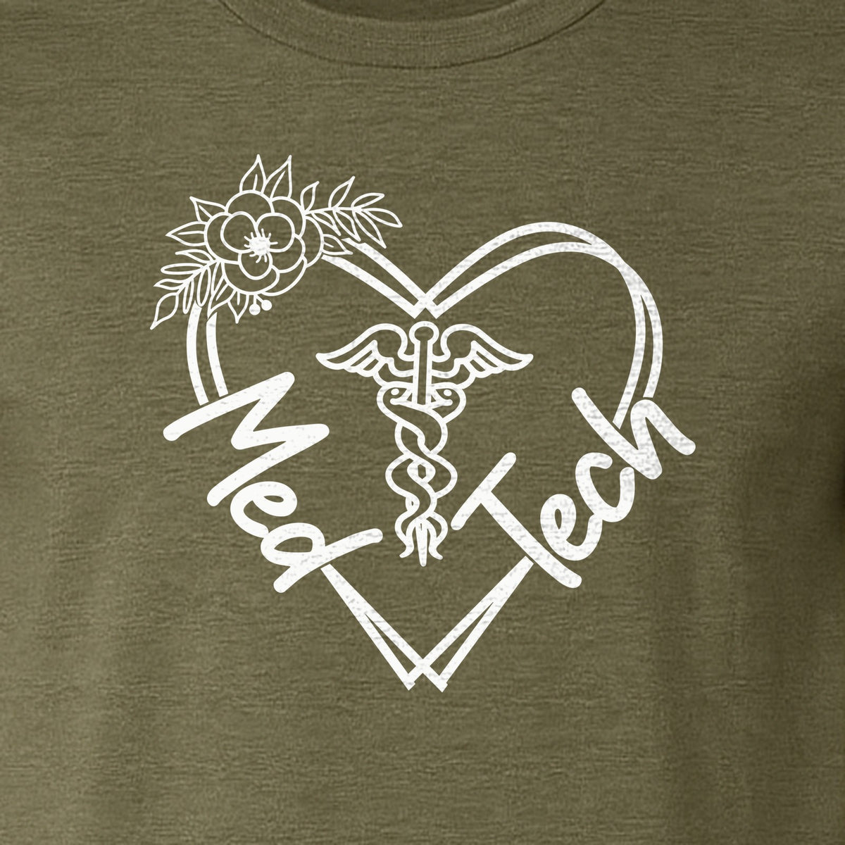 Med Tech T-Shirt, Floral Heart Caduceus Design for Laboratory Technicians and Medical Staff