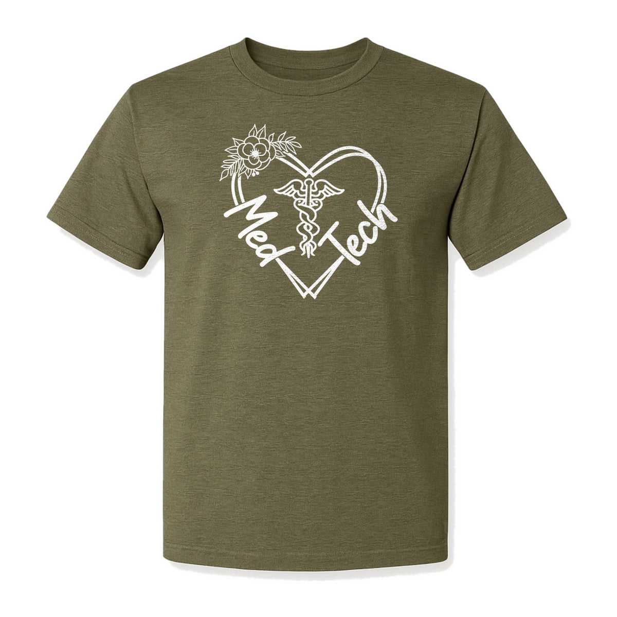 Med Tech T-Shirt, Floral Heart Caduceus Design for Laboratory Technicians and Medical Staff