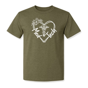 Med Tech T-Shirt, Floral Heart Caduceus Design for Laboratory Technicians and Medical Staff