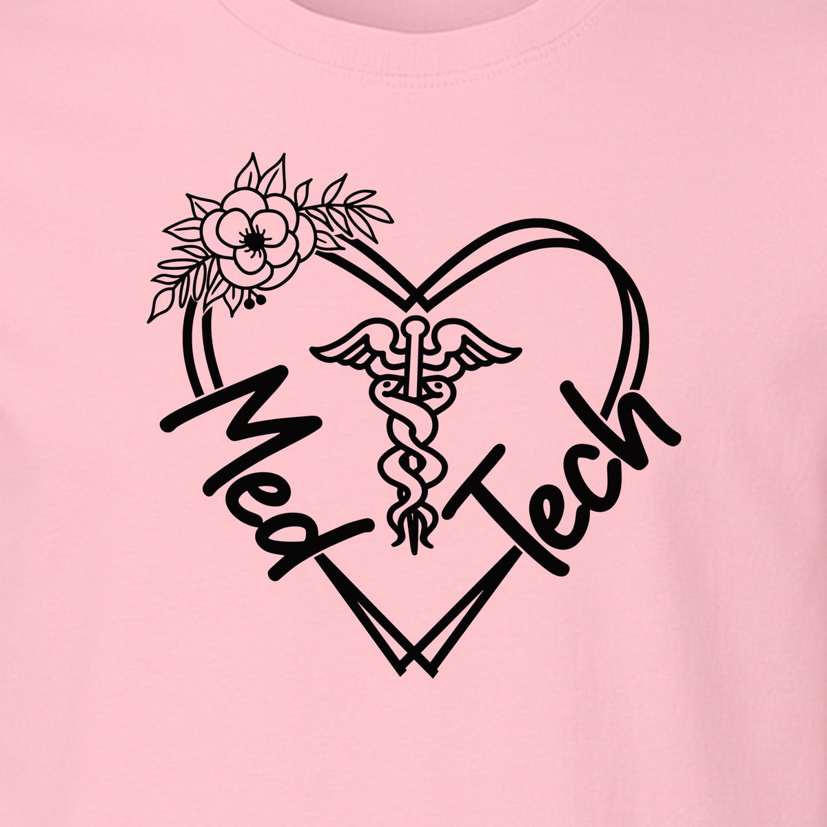 Med Tech T-Shirt, Floral Heart Caduceus Design for Laboratory Technicians and Medical Staff
