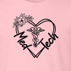 Med Tech T-Shirt, Floral Heart Caduceus Design for Laboratory Technicians and Medical Staff