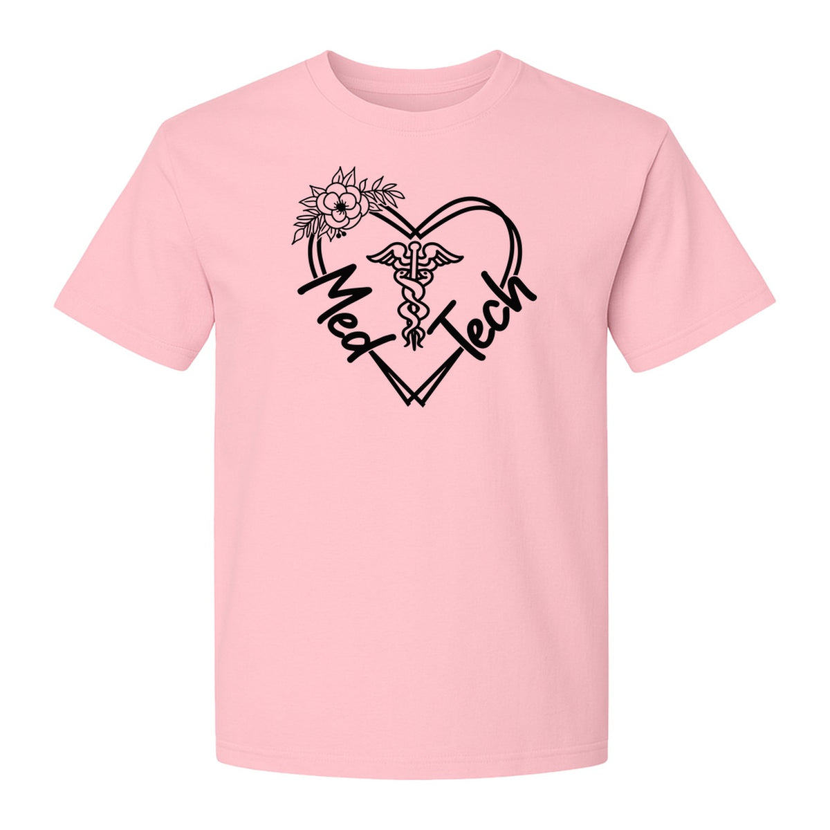 Med Tech T-Shirt, Floral Heart Caduceus Design for Laboratory Technicians and Medical Staff