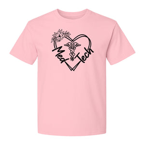 Med Tech T-Shirt, Floral Heart Caduceus Design for Laboratory Technicians and Medical Staff