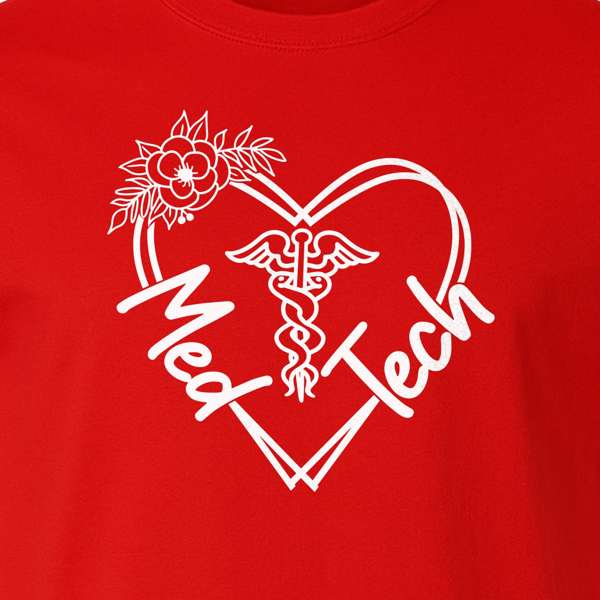 Med Tech T-Shirt, Floral Heart Caduceus Design for Laboratory Technicians and Medical Staff