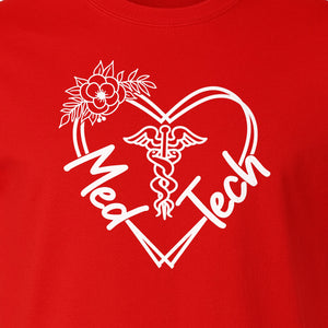 Med Tech T-Shirt, Floral Heart Caduceus Design for Laboratory Technicians and Medical Staff