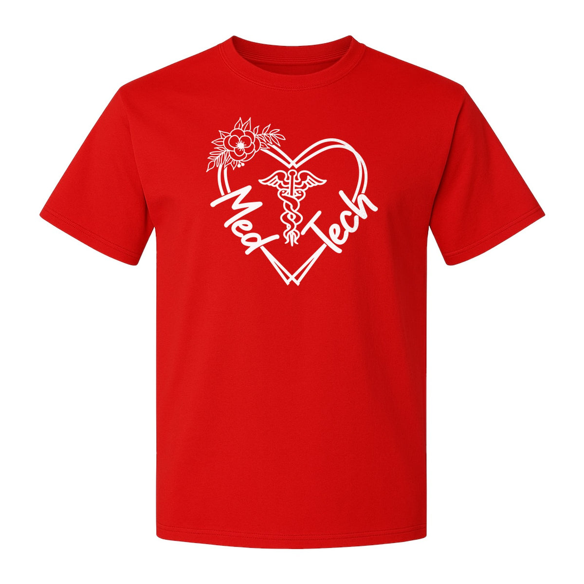 Med Tech T-Shirt, Floral Heart Caduceus Design for Laboratory Technicians and Medical Staff
