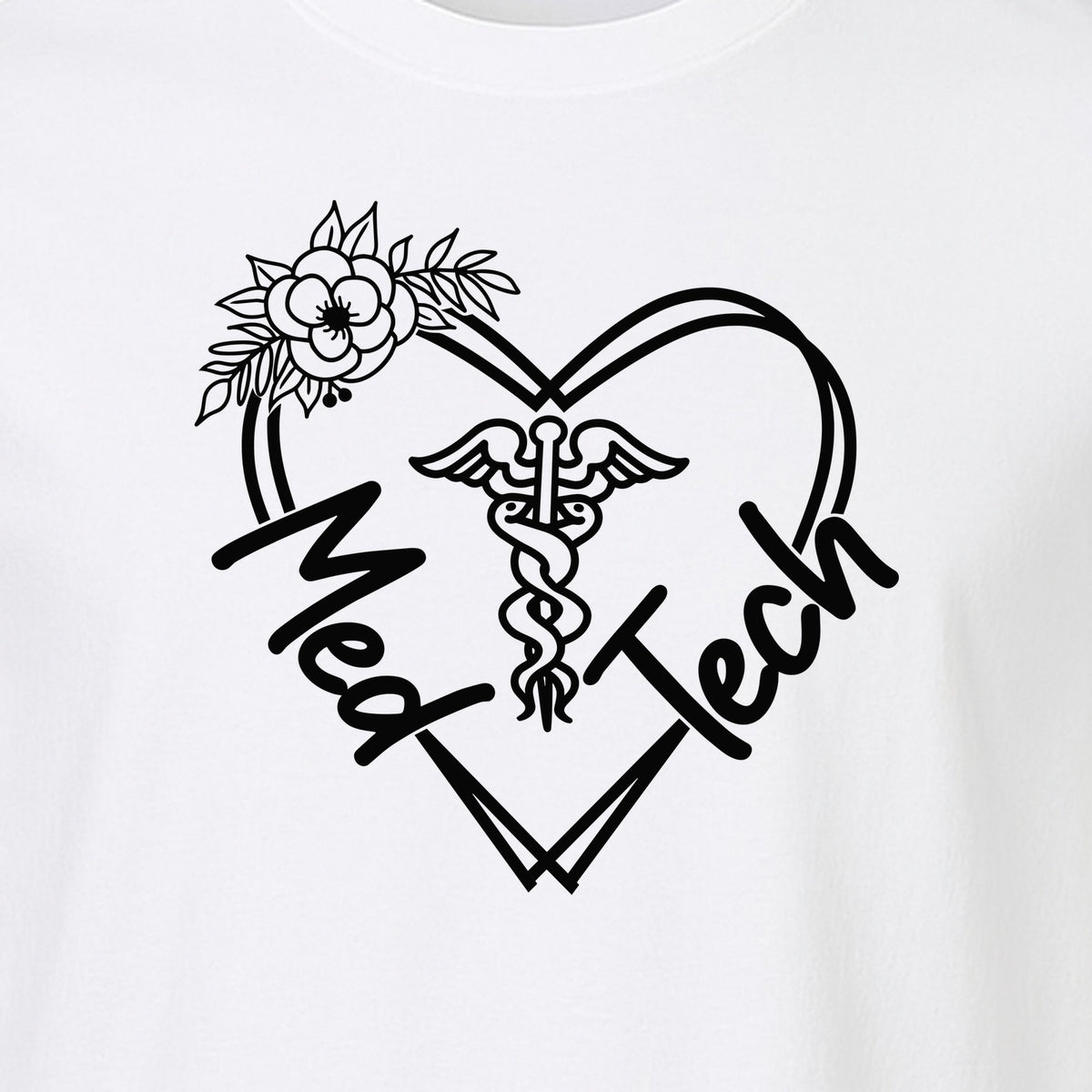 Med Tech T-Shirt, Floral Heart Caduceus Design for Laboratory Technicians and Medical Staff