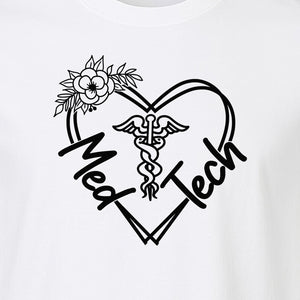 Med Tech T-Shirt, Floral Heart Caduceus Design for Laboratory Technicians and Medical Staff