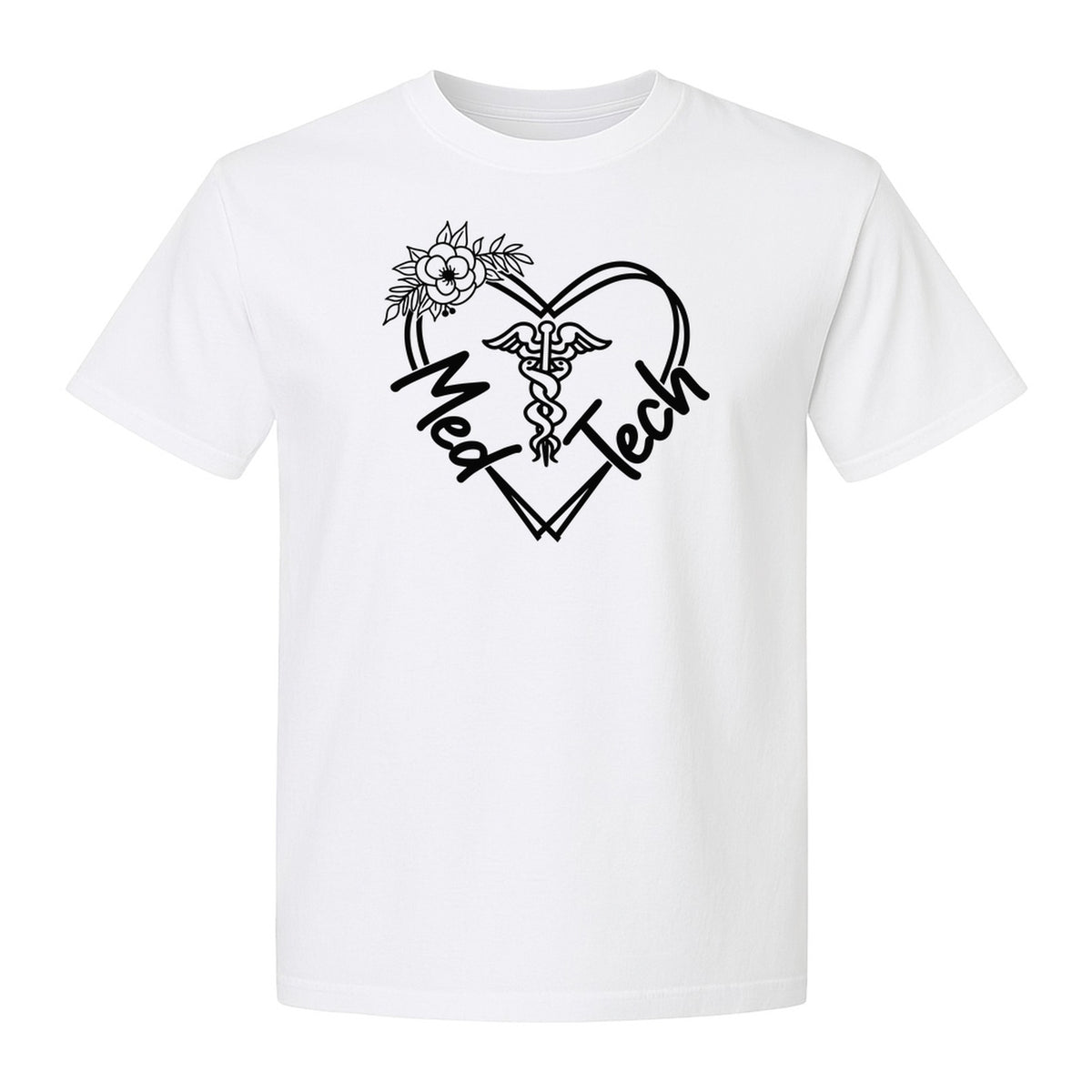 Med Tech T-Shirt, Floral Heart Caduceus Design for Laboratory Technicians and Medical Staff