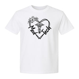 Med Tech T-Shirt, Floral Heart Caduceus Design for Laboratory Technicians and Medical Staff
